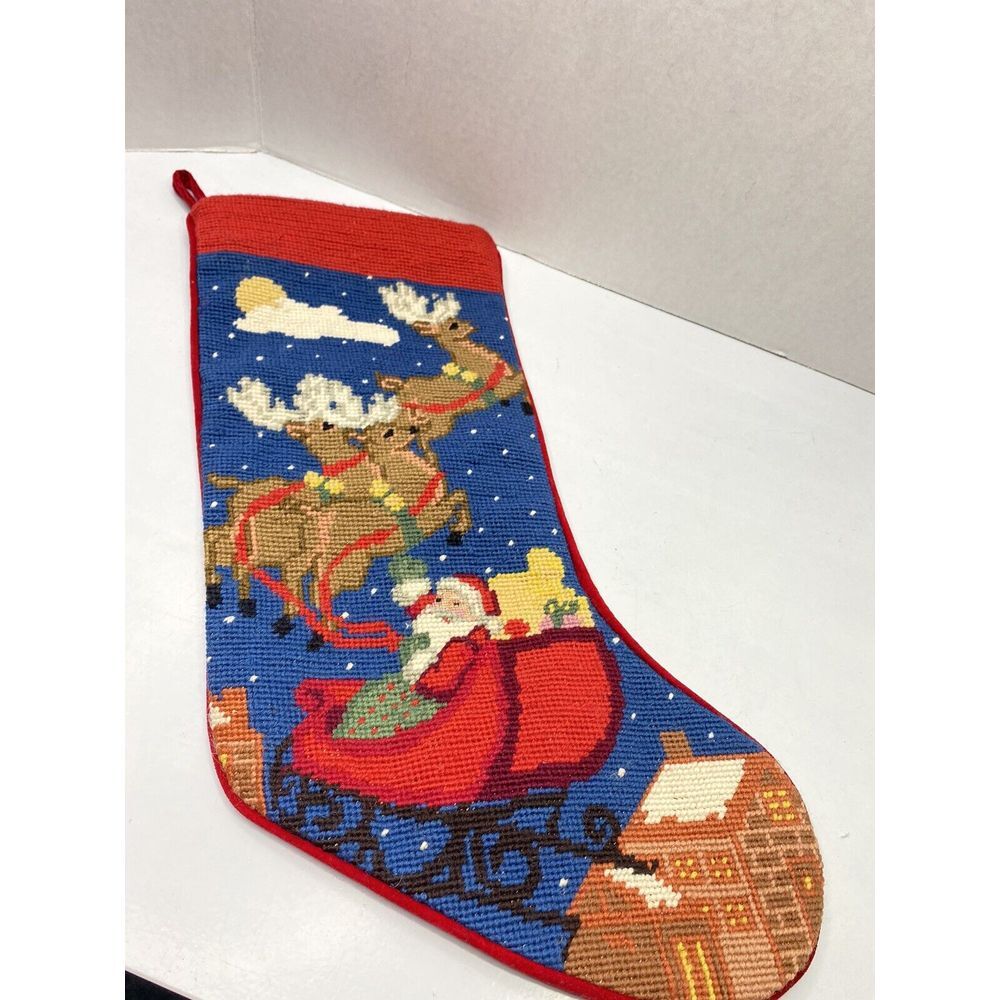 Vtg Stocking‎ Santa Reindeer Needlework Pattern Velvety Back Christmas H9
